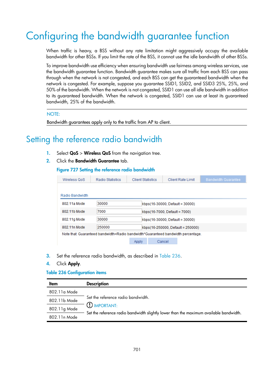 Configuring the bandwidth guarantee function, Setting the reference radio bandwidth | H3C Technologies H3C WX3000E Series Wireless Switches User Manual | Page 722 / 965