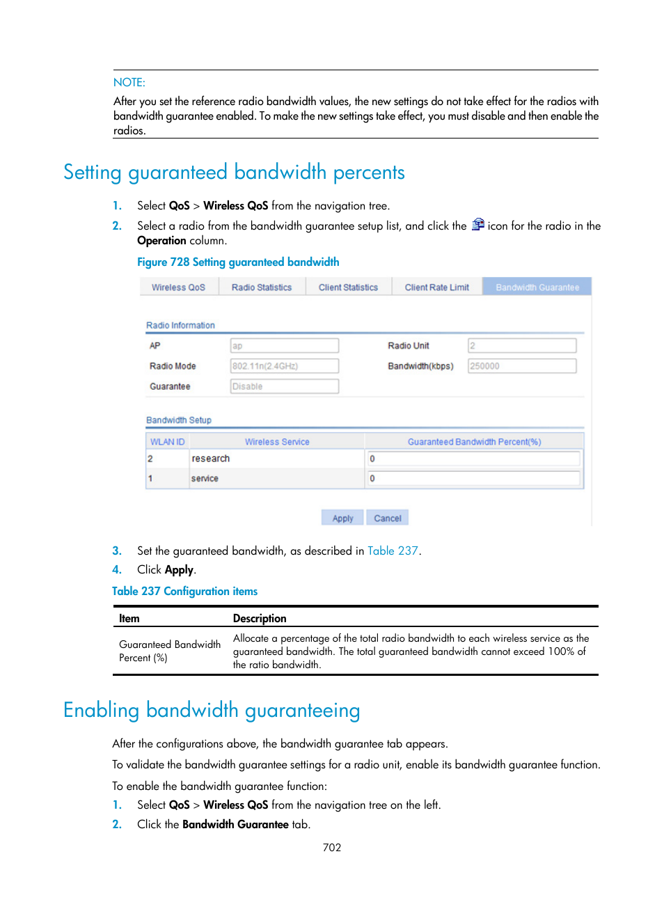 Setting guaranteed bandwidth percents, Enabling bandwidth guaranteeing | H3C Technologies H3C WX3000E Series Wireless Switches User Manual | Page 723 / 965