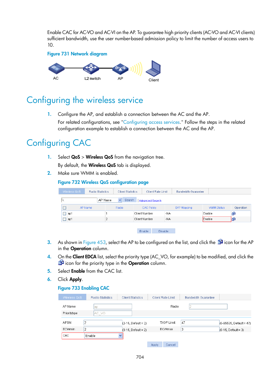 Configuring the wireless service, Configuring cac | H3C Technologies H3C WX3000E Series Wireless Switches User Manual | Page 725 / 965