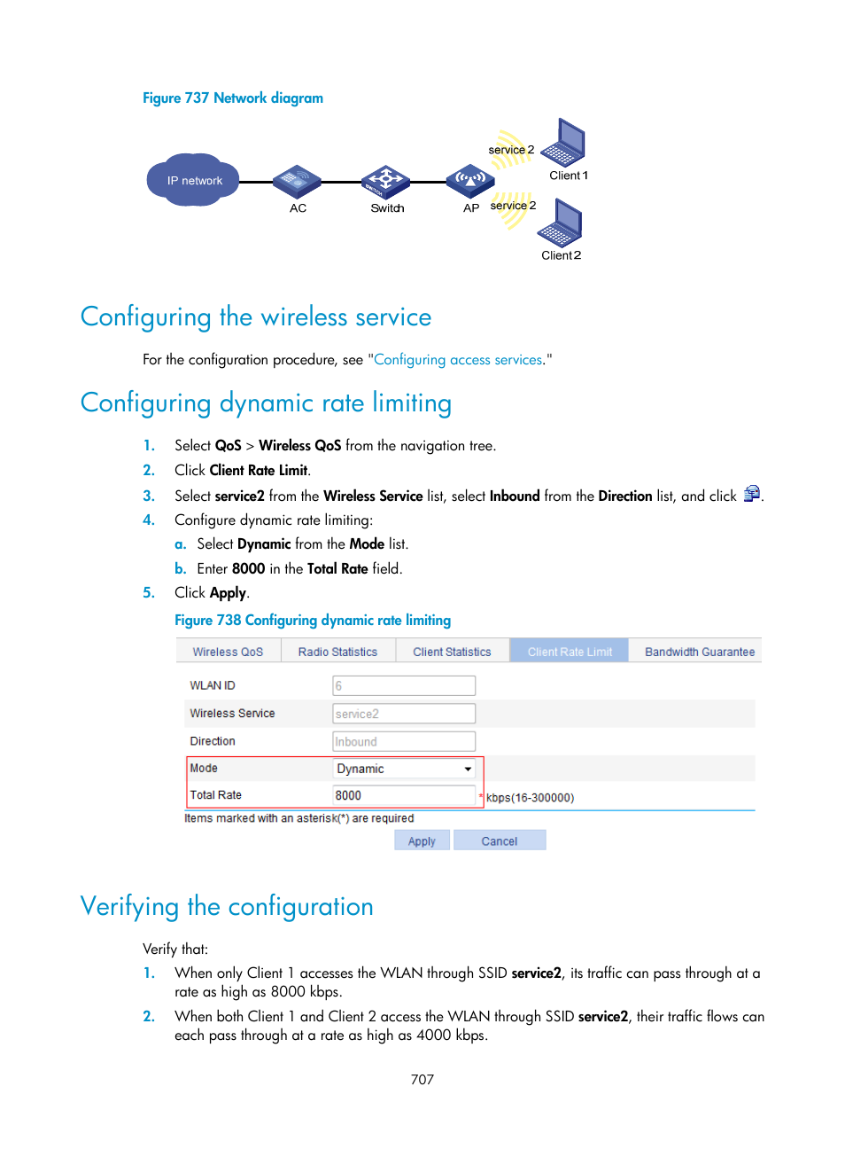 Configuring the wireless service, Configuring dynamic rate limiting, Verifying the configuration | N in, Figure 458 | H3C Technologies H3C WX3000E Series Wireless Switches User Manual | Page 728 / 965