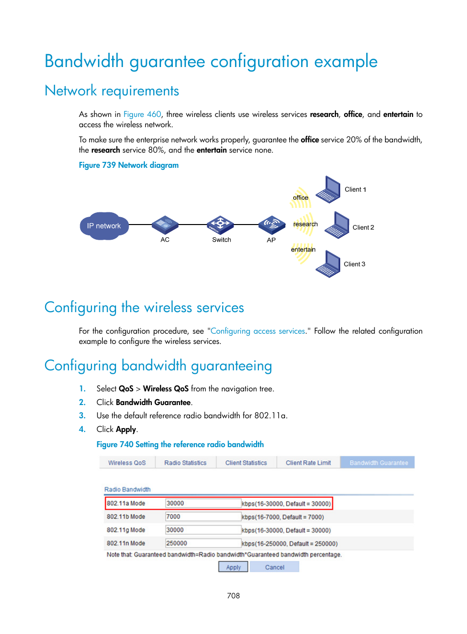 Bandwidth guarantee configuration example, Network requirements, Configuring the wireless services | Configuring bandwidth guaranteeing | H3C Technologies H3C WX3000E Series Wireless Switches User Manual | Page 729 / 965