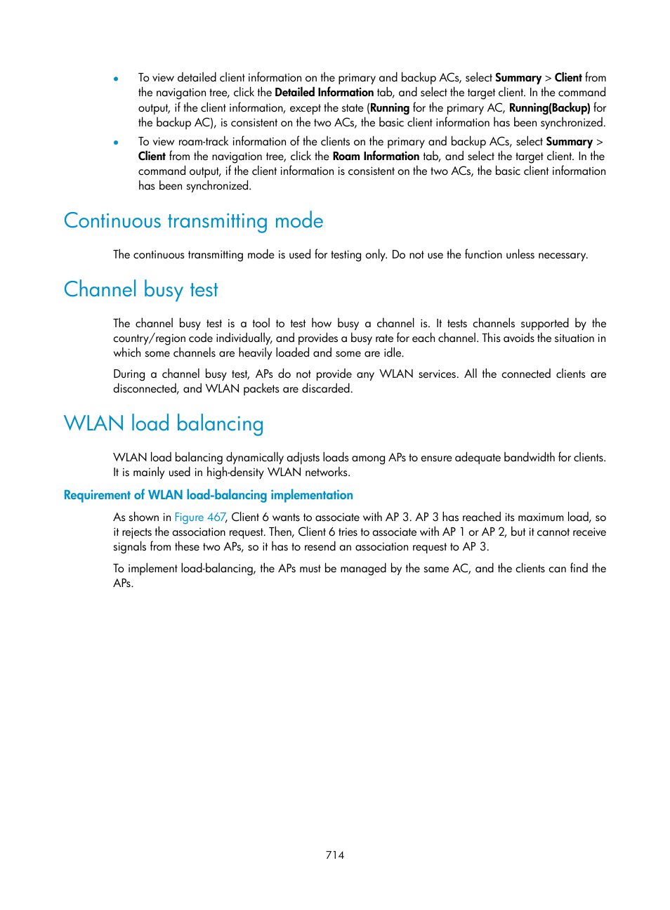 Continuous transmitting mode, Channel busy test, Wlan load balancing | Requirement of wlan load-balancing implementation | H3C Technologies H3C WX3000E Series Wireless Switches User Manual | Page 735 / 965
