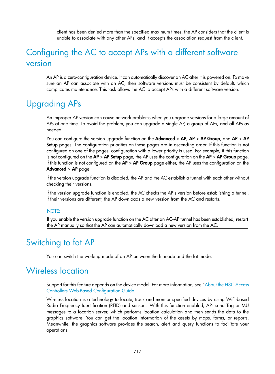 Upgrading aps, Switching to fat ap, Wireless location | H3C Technologies H3C WX3000E Series Wireless Switches User Manual | Page 738 / 965