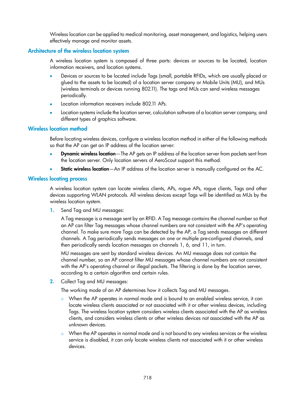 Architecture of the wireless location system, Wireless location method, Wireless locating process | H3C Technologies H3C WX3000E Series Wireless Switches User Manual | Page 739 / 965