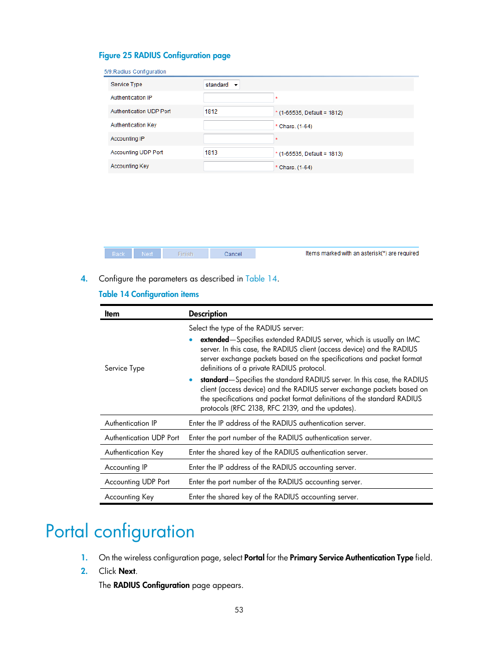 Portal configuration | H3C Technologies H3C WX3000E Series Wireless Switches User Manual | Page 74 / 965