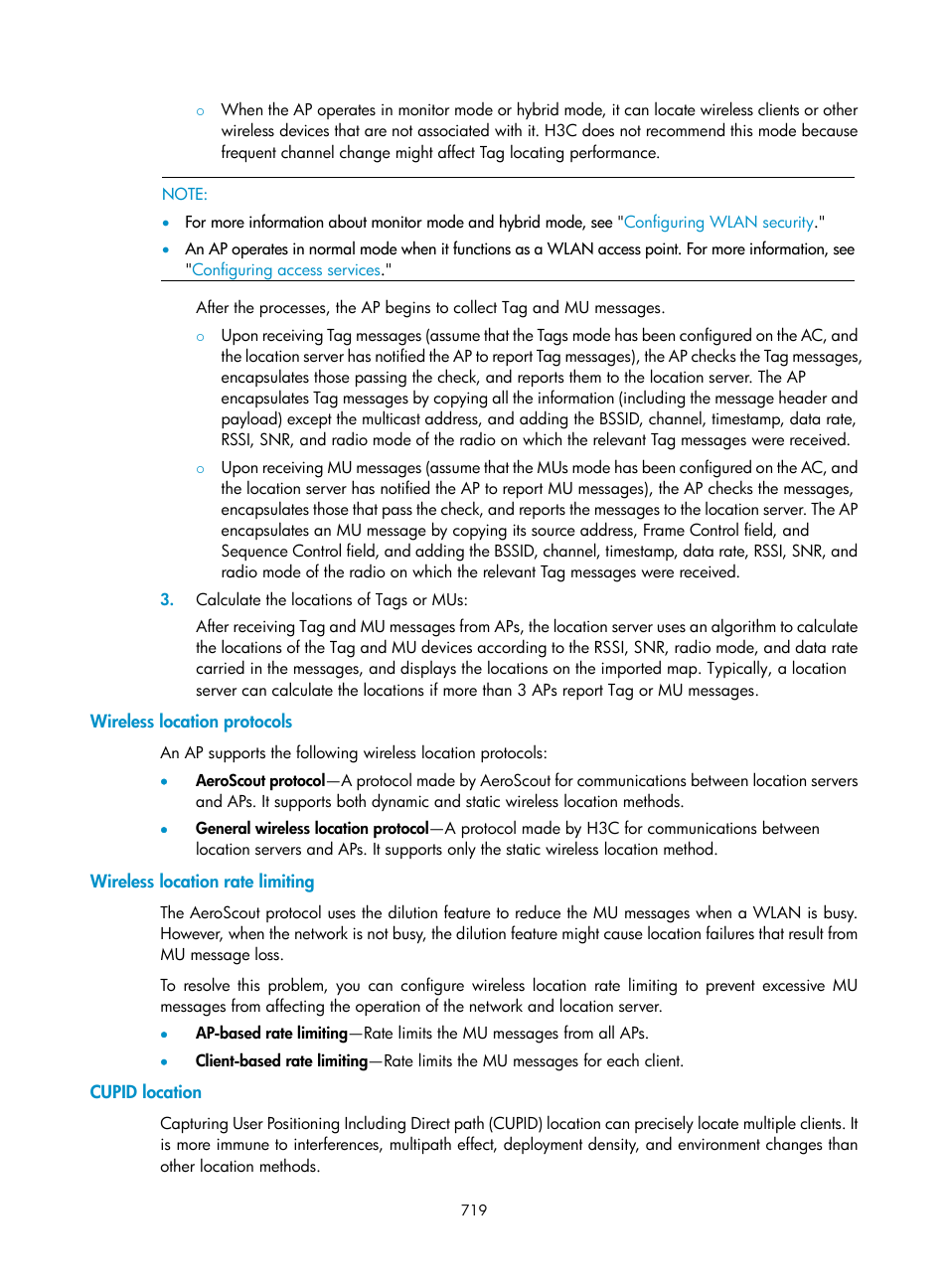 Wireless location protocols, Wireless location rate limiting, Cupid location | H3C Technologies H3C WX3000E Series Wireless Switches User Manual | Page 740 / 965