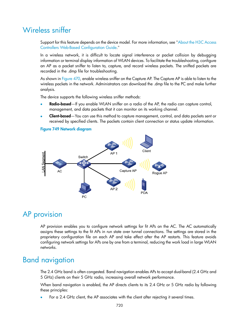 Wireless sniffer, Ap provision, Band navigation | H3C Technologies H3C WX3000E Series Wireless Switches User Manual | Page 741 / 965