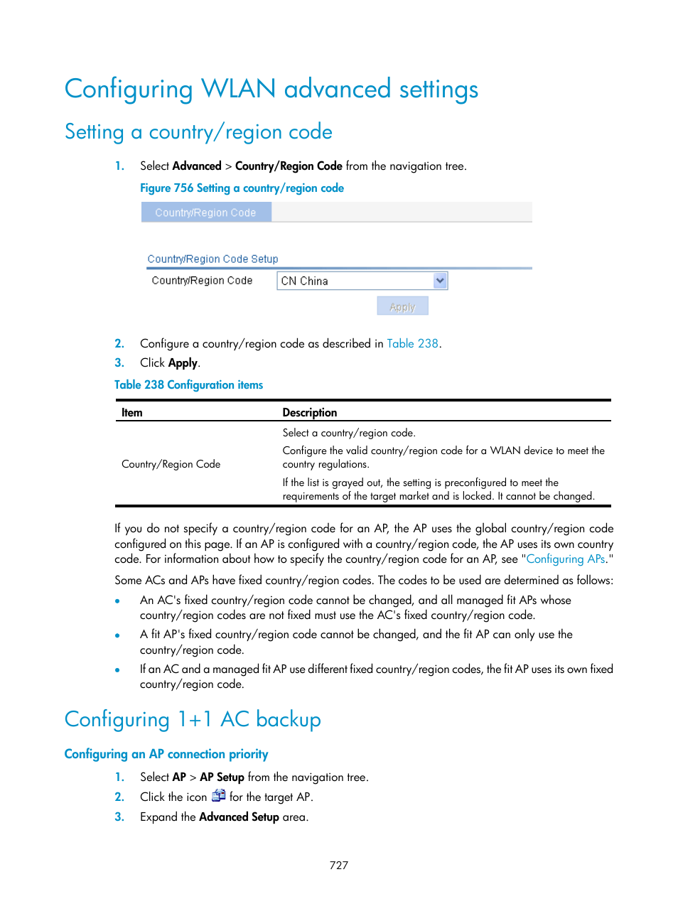 Configuring wlan advanced settings, Setting a country/region code, Configuring 1+1 ac backup | Configuring an ap connection priority | H3C Technologies H3C WX3000E Series Wireless Switches User Manual | Page 748 / 965