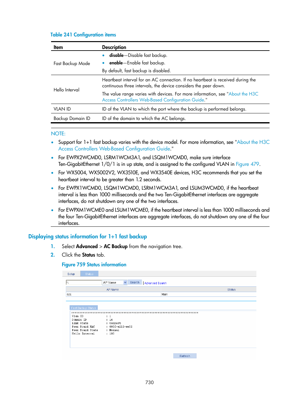 Displaying status information for 1+1 fast backup, Ribed in, Table 241 | H3C Technologies H3C WX3000E Series Wireless Switches User Manual | Page 751 / 965