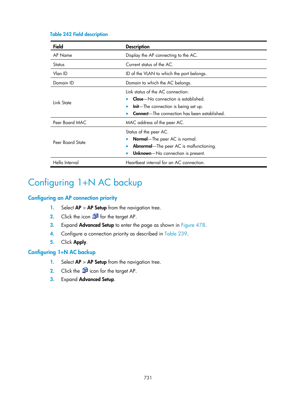 Configuring 1+n ac backup, Configuring an ap connection priority | H3C Technologies H3C WX3000E Series Wireless Switches User Manual | Page 752 / 965