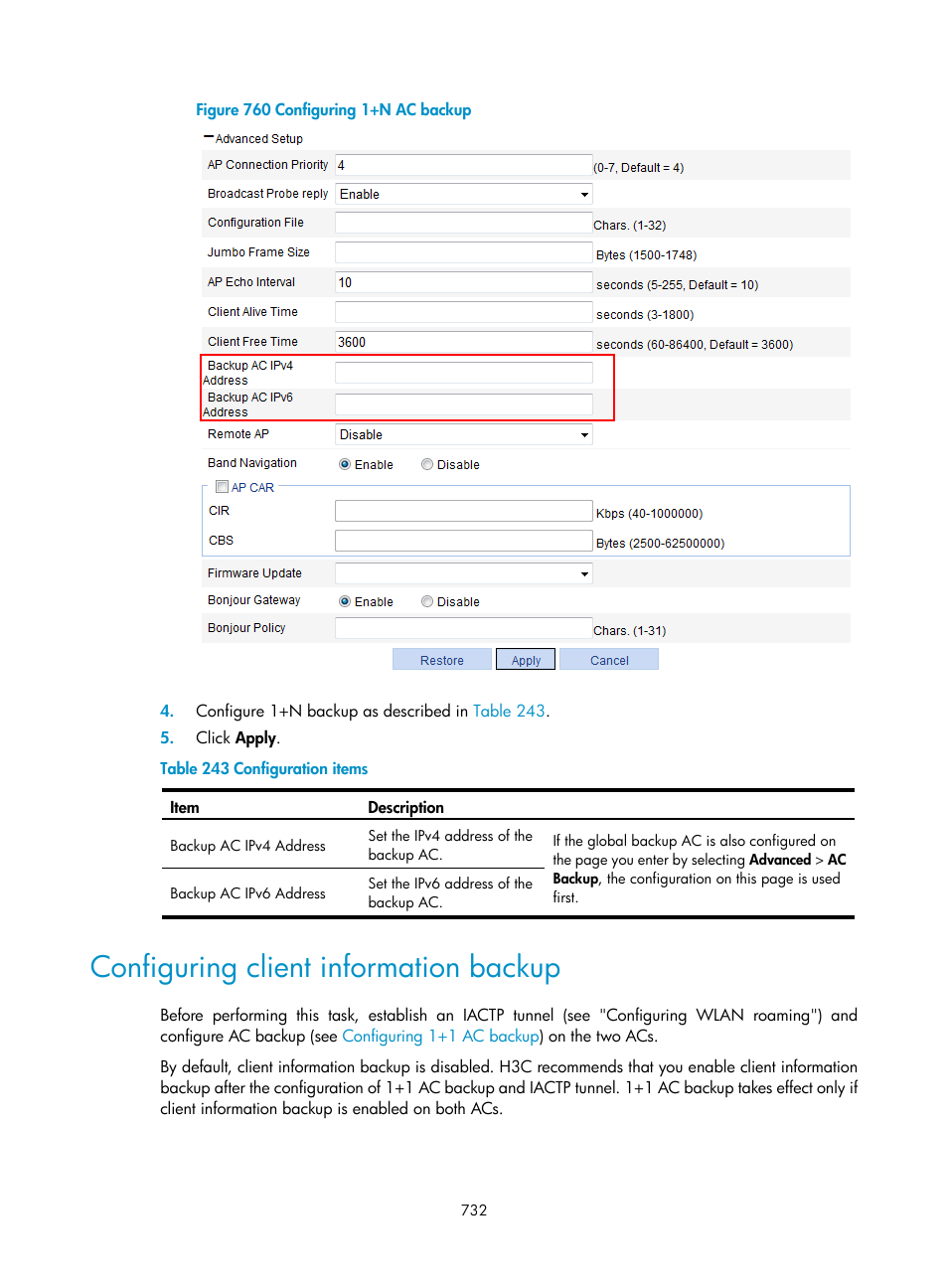 Configuring client information backup | H3C Technologies H3C WX3000E Series Wireless Switches User Manual | Page 753 / 965