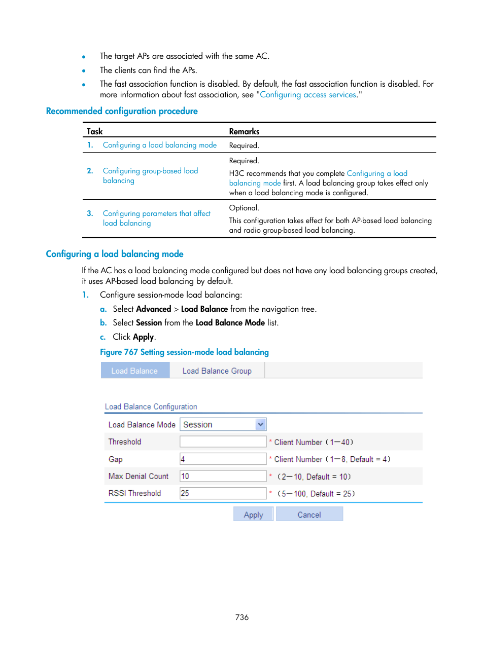 Recommended configuration procedure, Configuring a load balancing mode | H3C Technologies H3C WX3000E Series Wireless Switches User Manual | Page 757 / 965