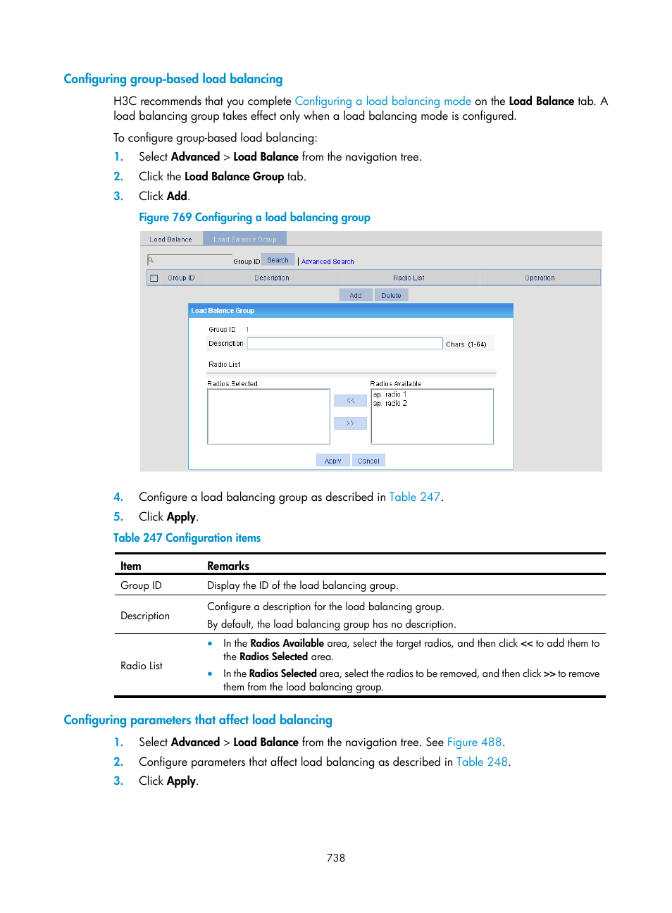 Configuring group-based load balancing, Configuring parameters that affect load balancing, Configuring group-based load | Balancing, Configuring parameters that affect, Load balancing | H3C Technologies H3C WX3000E Series Wireless Switches User Manual | Page 759 / 965