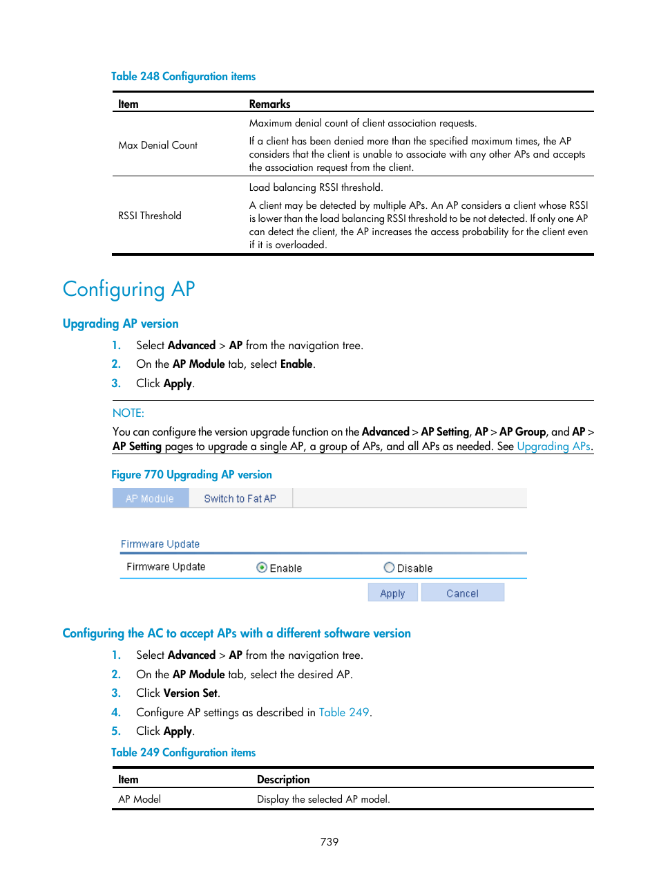 Configuring ap, Upgrading ap version, Ribed in | Table 248 | H3C Technologies H3C WX3000E Series Wireless Switches User Manual | Page 760 / 965