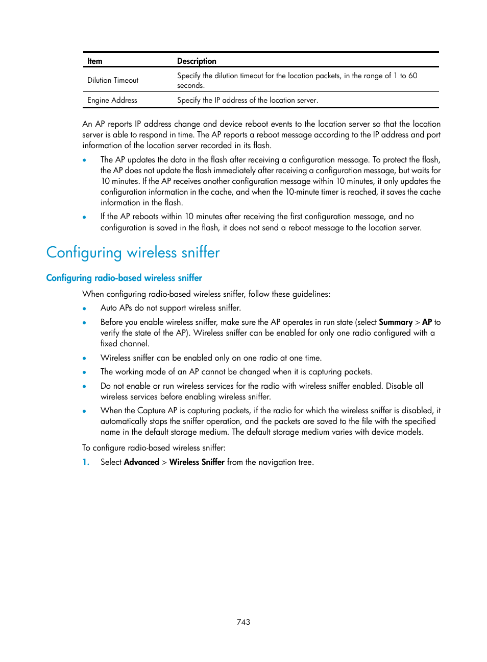 Configuring wireless sniffer, Configuring radio-based wireless sniffer | H3C Technologies H3C WX3000E Series Wireless Switches User Manual | Page 764 / 965