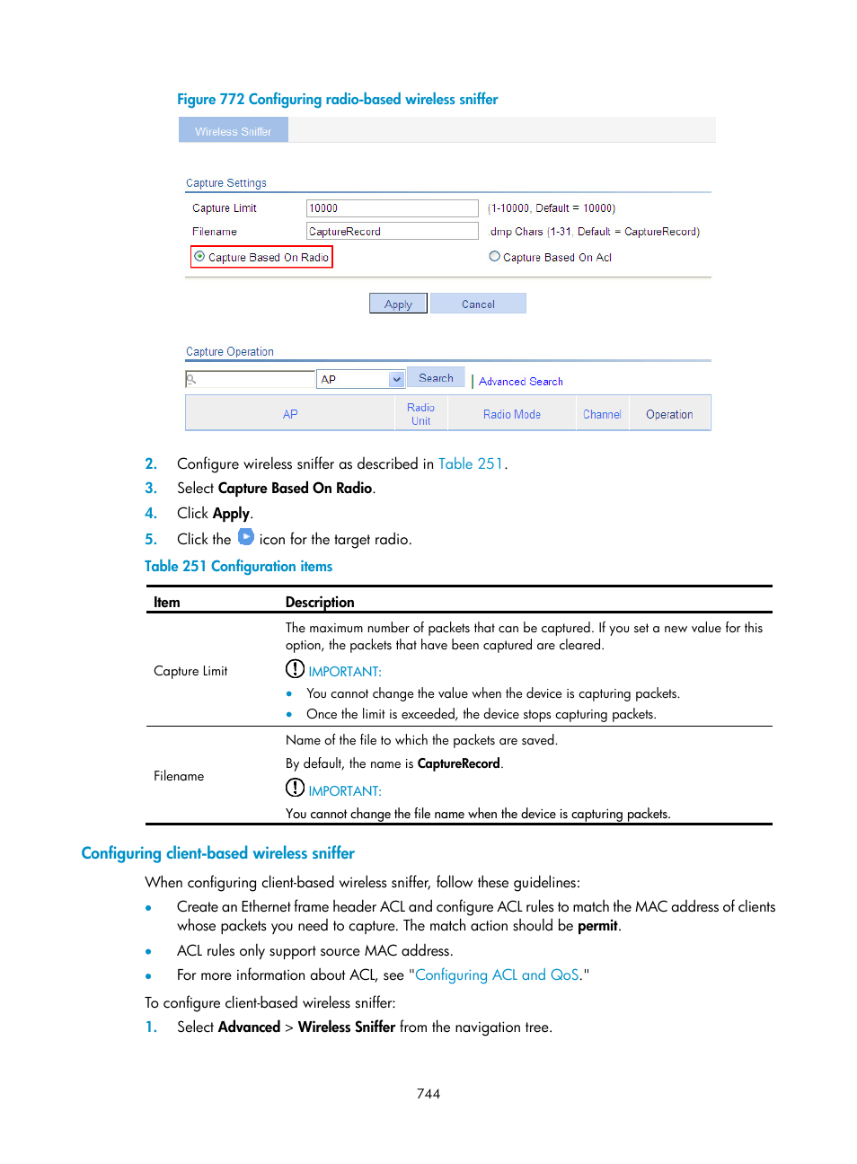 Configuring client-based wireless sniffer | H3C Technologies H3C WX3000E Series Wireless Switches User Manual | Page 765 / 965