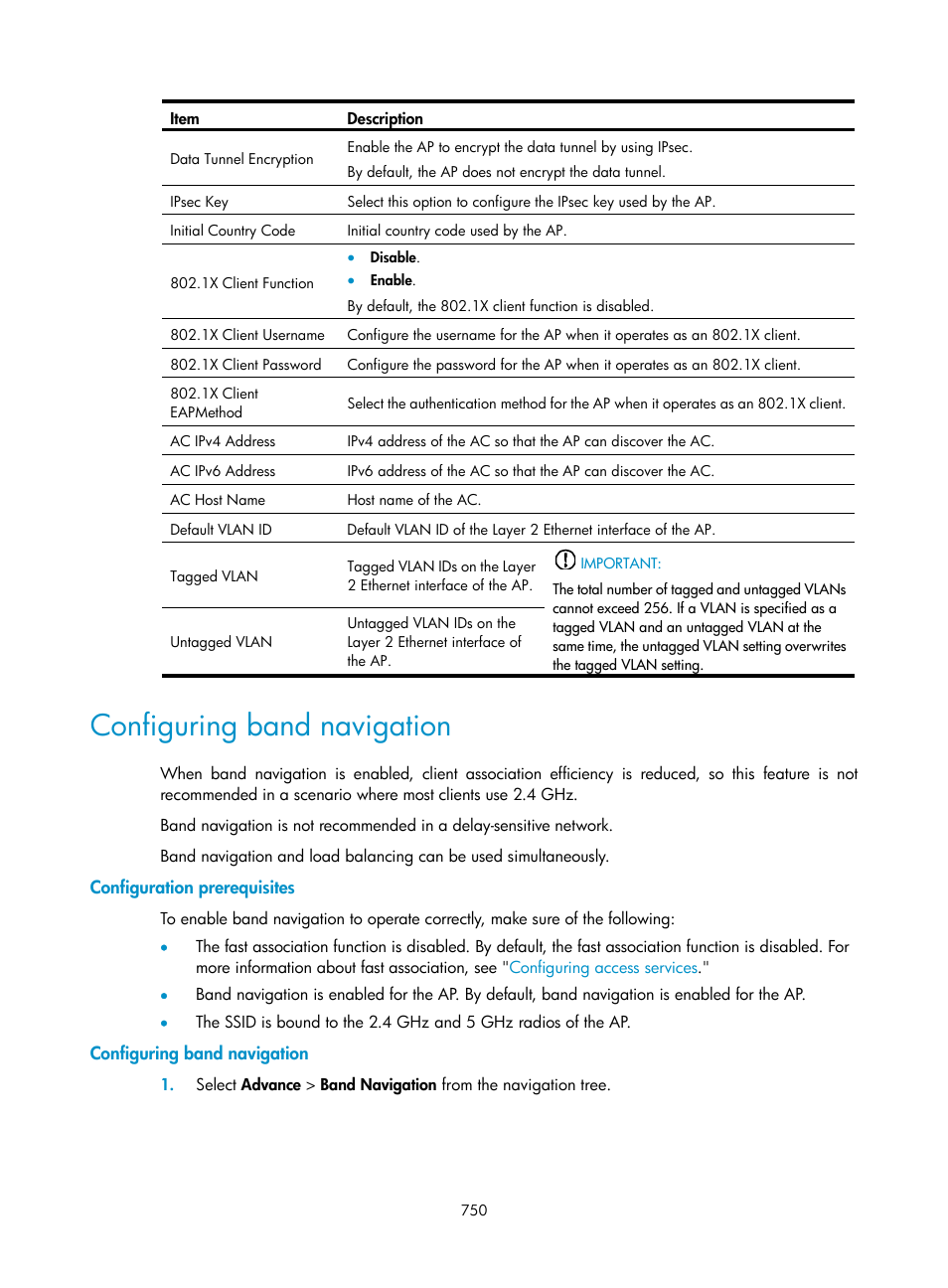 Configuring band navigation, Configuration prerequisites | H3C Technologies H3C WX3000E Series Wireless Switches User Manual | Page 771 / 965