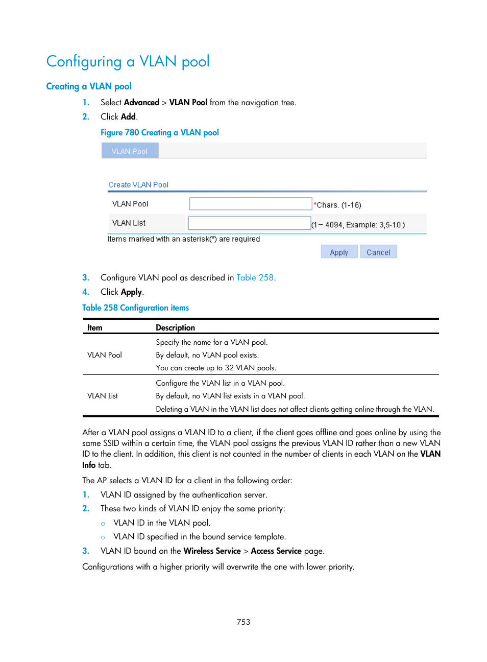 Configuring a vlan pool, Creating a vlan pool | H3C Technologies H3C WX3000E Series Wireless Switches User Manual | Page 774 / 965