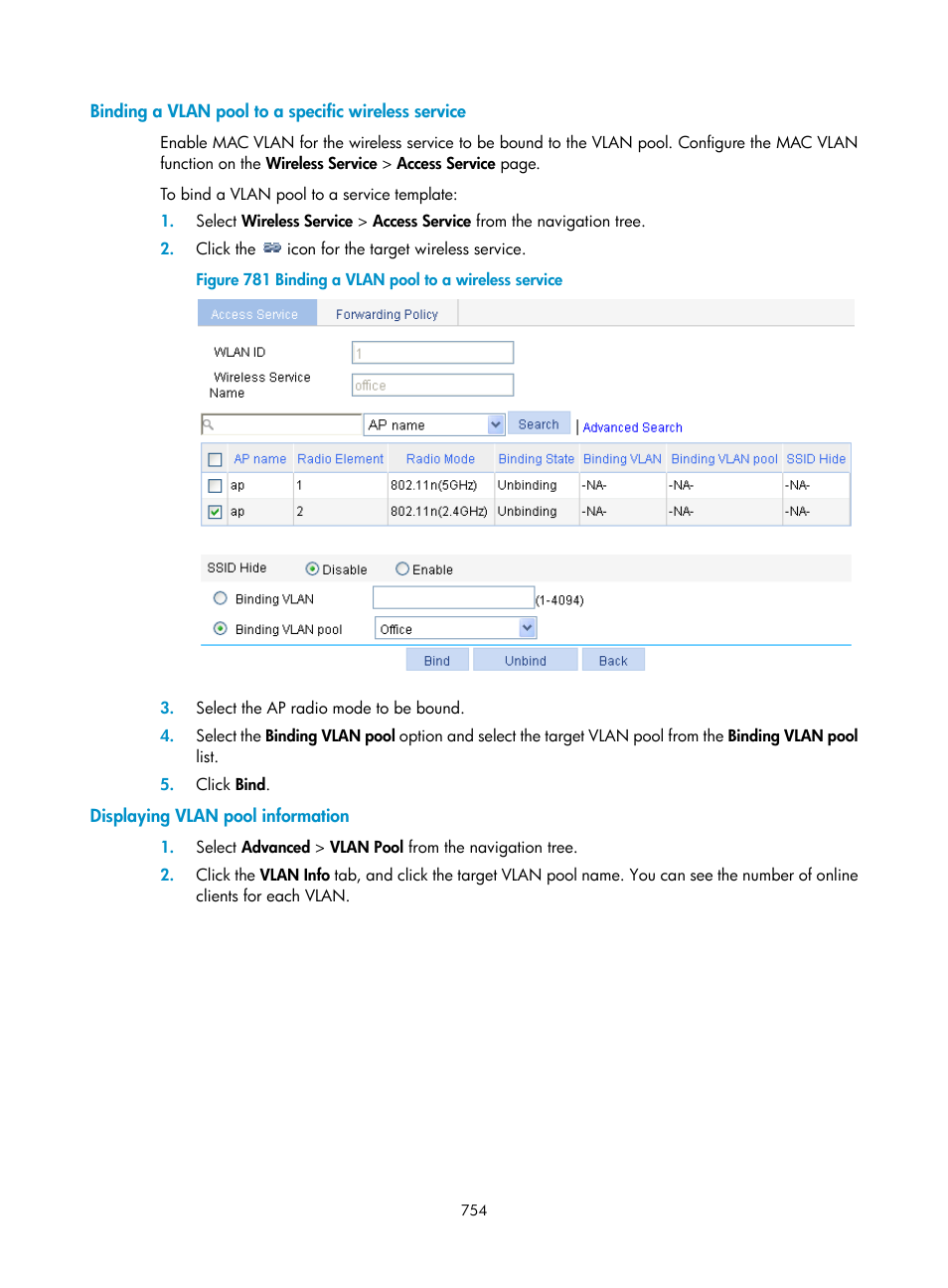Binding a vlan pool to a specific wireless service, Displaying vlan pool information | H3C Technologies H3C WX3000E Series Wireless Switches User Manual | Page 775 / 965