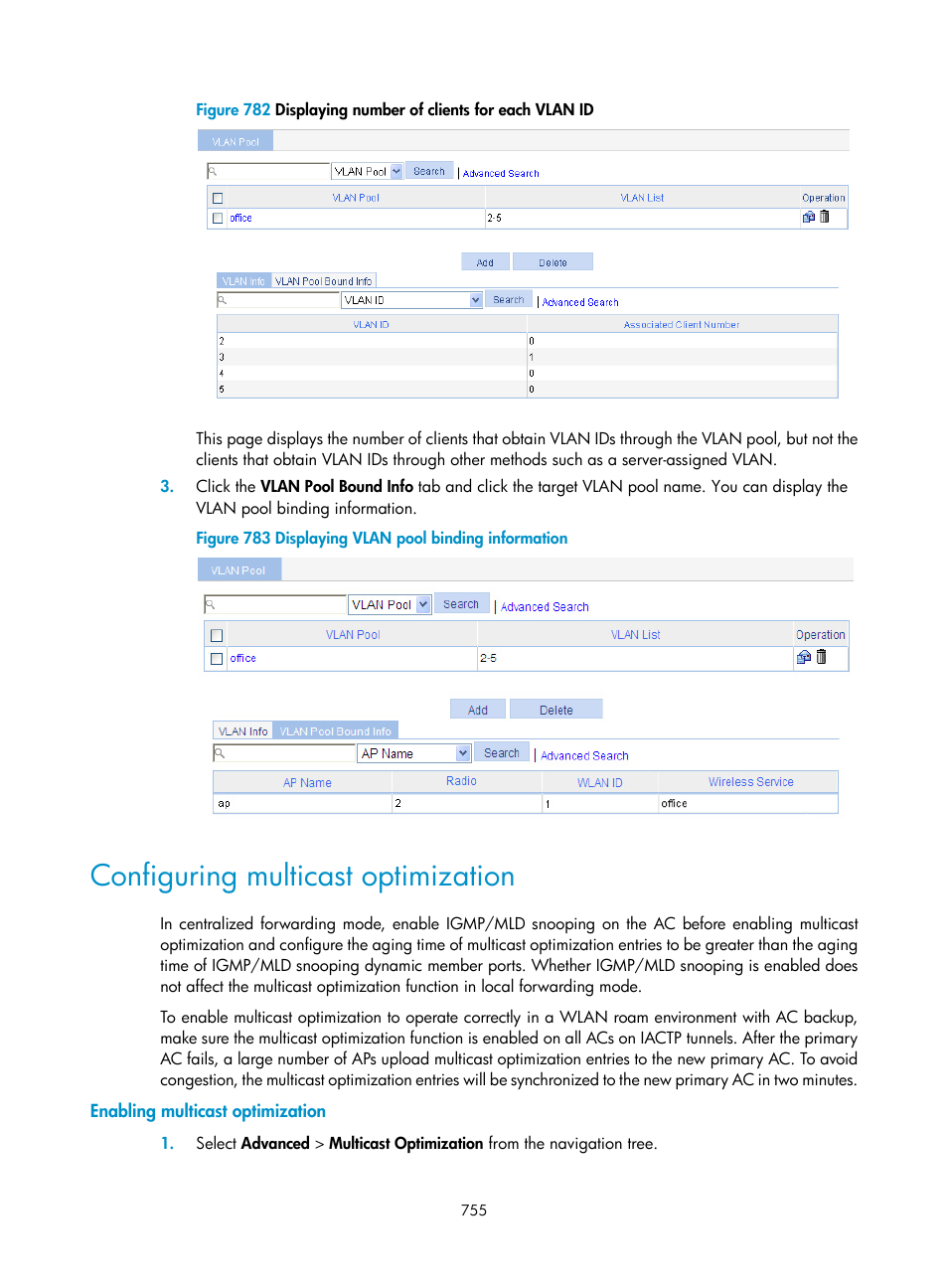 Configuring multicast optimization, Enabling multicast optimization | H3C Technologies H3C WX3000E Series Wireless Switches User Manual | Page 776 / 965