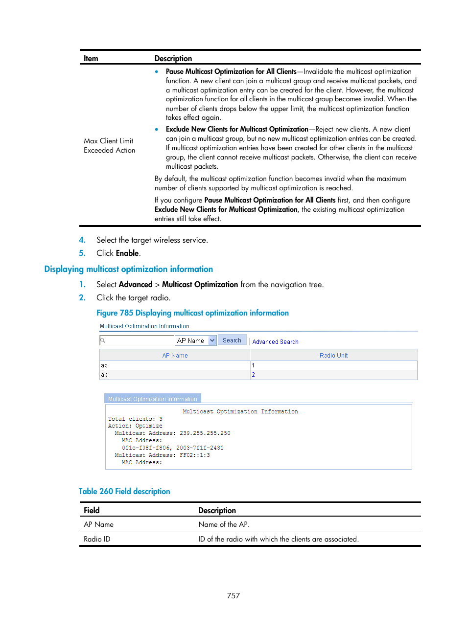 Displaying multicast optimization information | H3C Technologies H3C WX3000E Series Wireless Switches User Manual | Page 778 / 965