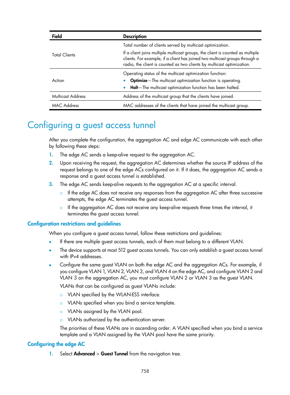 Configuring a guest access tunnel, Configuration restrictions and guidelines, Configuring the edge ac | H3C Technologies H3C WX3000E Series Wireless Switches User Manual | Page 779 / 965