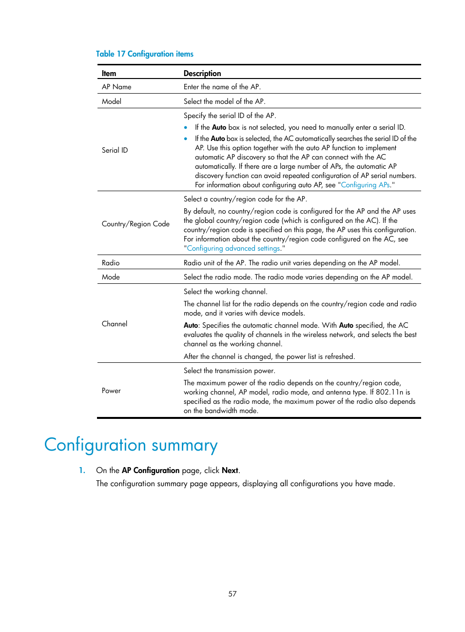 Configuration summary | H3C Technologies H3C WX3000E Series Wireless Switches User Manual | Page 78 / 965