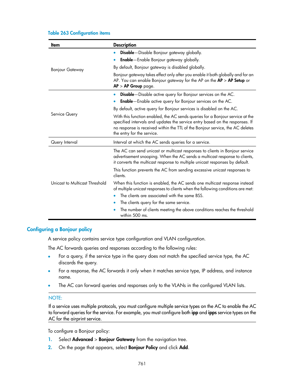 Configuring a bonjour policy, Table 263 | H3C Technologies H3C WX3000E Series Wireless Switches User Manual | Page 782 / 965