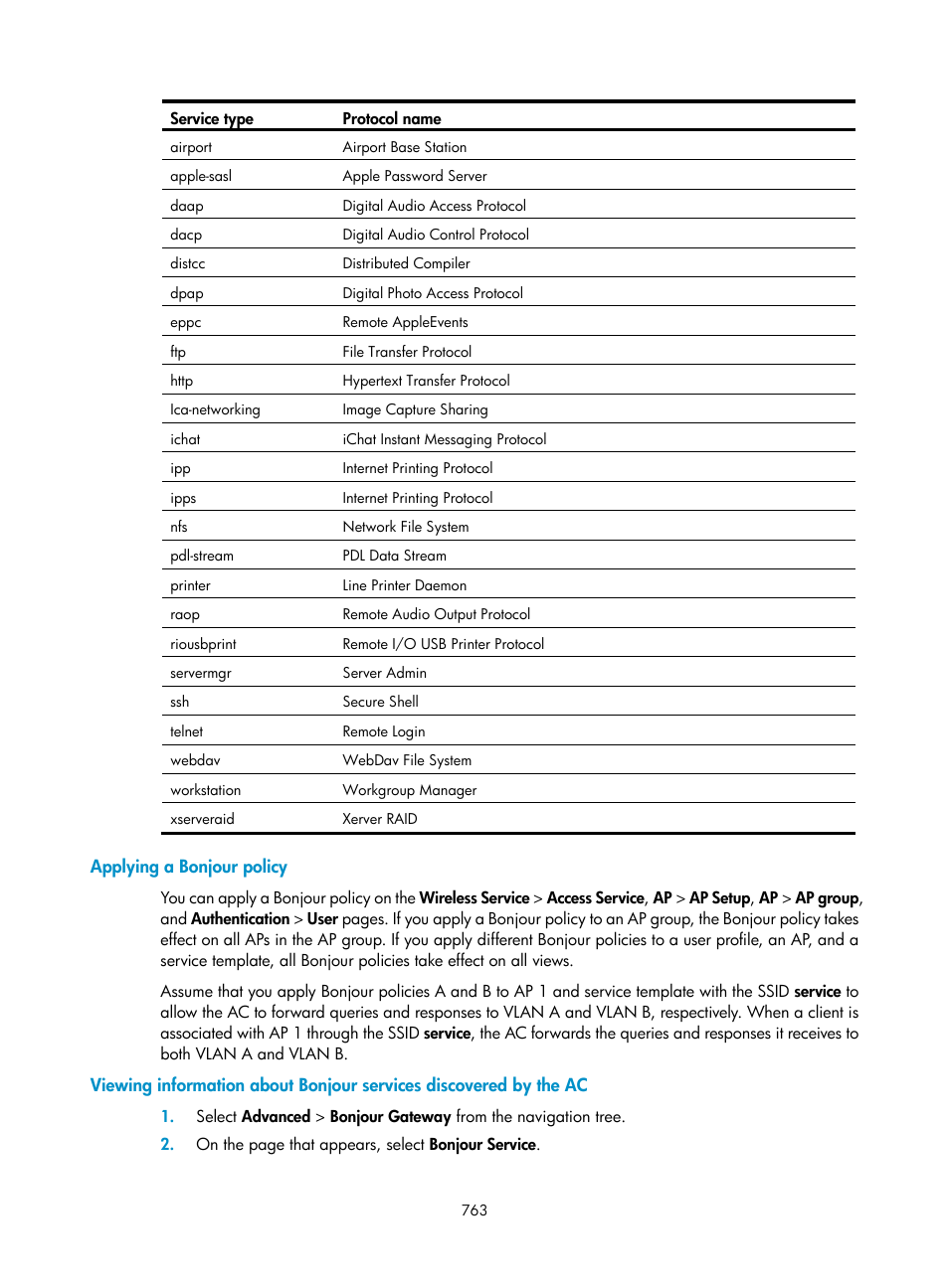 Applying a bonjour policy | H3C Technologies H3C WX3000E Series Wireless Switches User Manual | Page 784 / 965