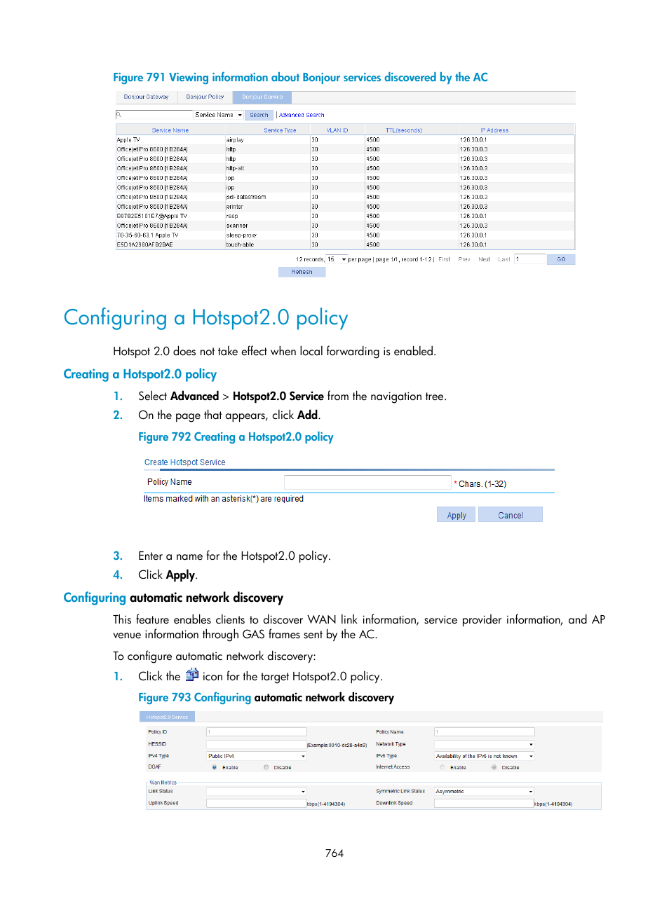 Configuring a hotspot2.0 policy, Creating a hotspot2.0 policy, Configuring automatic network discovery | H3C Technologies H3C WX3000E Series Wireless Switches User Manual | Page 785 / 965