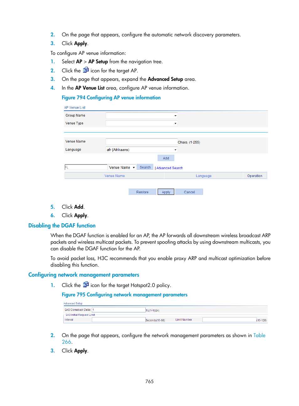 Disabling the dgaf function, Configuring network management parameters | H3C Technologies H3C WX3000E Series Wireless Switches User Manual | Page 786 / 965