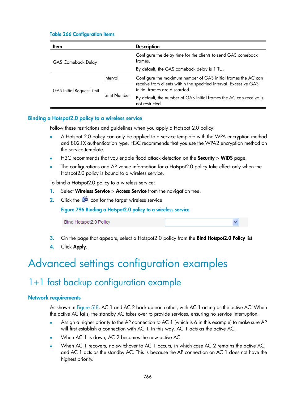 Binding a hotspot2.0 policy to a wireless service, Advanced settings configuration examples, 1+1 fast backup configuration example | Network requirements | H3C Technologies H3C WX3000E Series Wireless Switches User Manual | Page 787 / 965