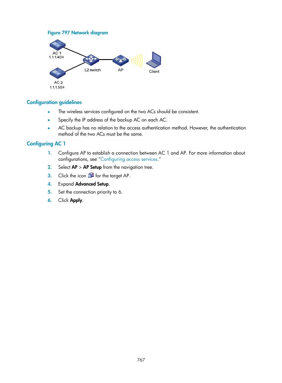 Configuration guidelines, Configuring ac 1 | H3C Technologies H3C WX3000E Series Wireless Switches User Manual | Page 788 / 965