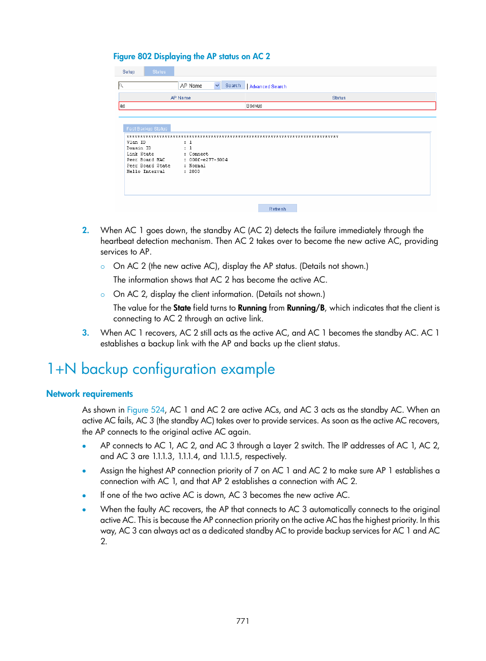 1+n backup configuration example, Network requirements | H3C Technologies H3C WX3000E Series Wireless Switches User Manual | Page 792 / 965