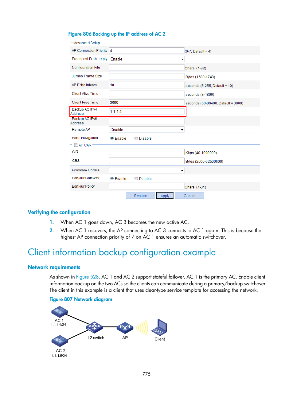 Verifying the configuration, Client information backup configuration example, Network requirements | H3C Technologies H3C WX3000E Series Wireless Switches User Manual | Page 796 / 965