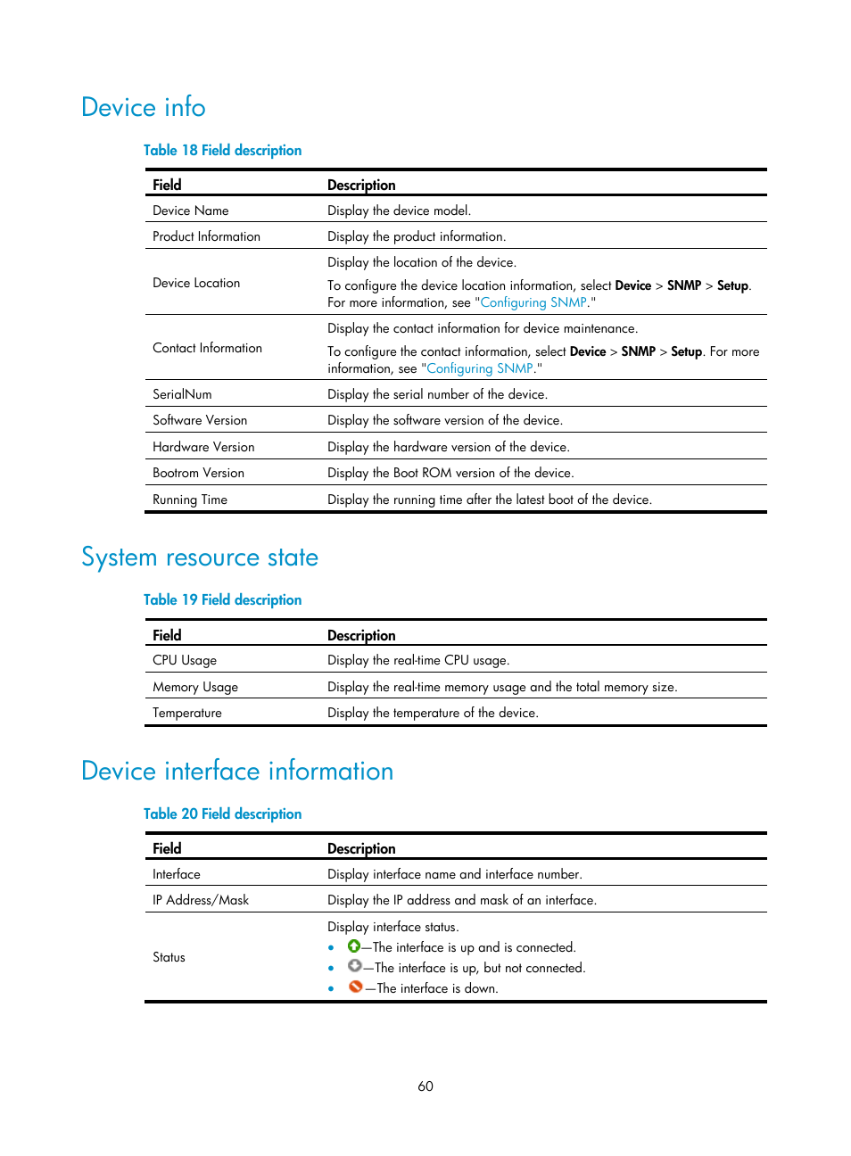 Device info, System resource state, Device interface information | H3C Technologies H3C WX3000E Series Wireless Switches User Manual | Page 81 / 965