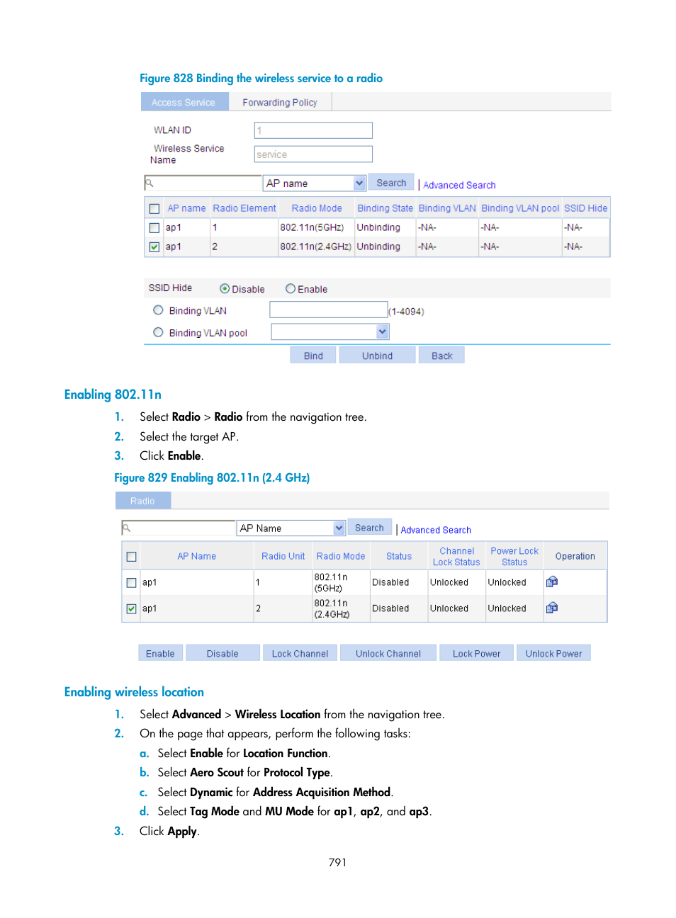 Enabling 802.11n, Enabling wireless location | H3C Technologies H3C WX3000E Series Wireless Switches User Manual | Page 812 / 965