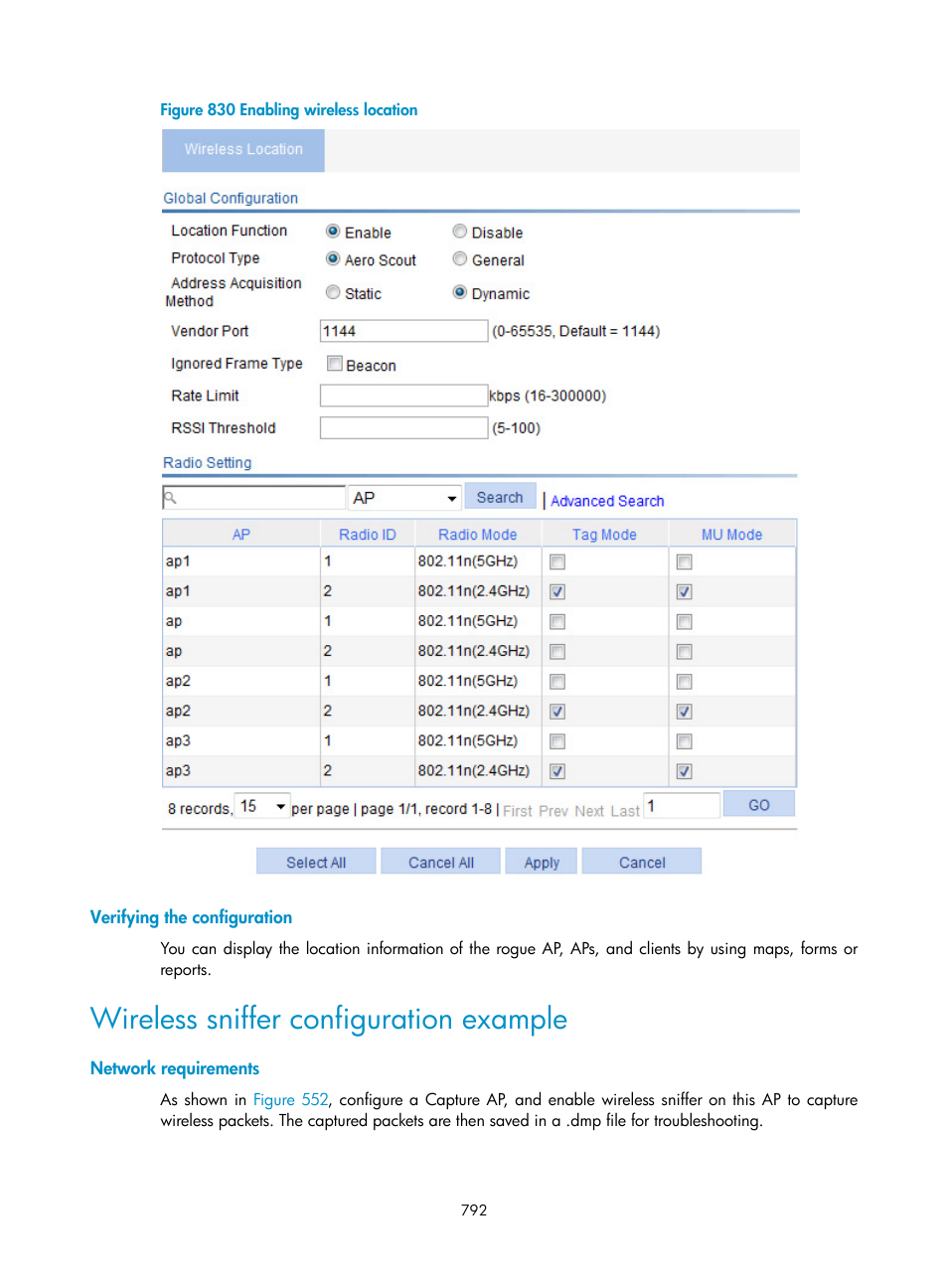 Verifying the configuration, Wireless sniffer configuration example, Network requirements | H3C Technologies H3C WX3000E Series Wireless Switches User Manual | Page 813 / 965