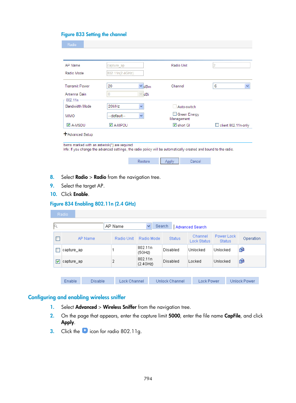 Configuring and enabling wireless sniffer | H3C Technologies H3C WX3000E Series Wireless Switches User Manual | Page 815 / 965