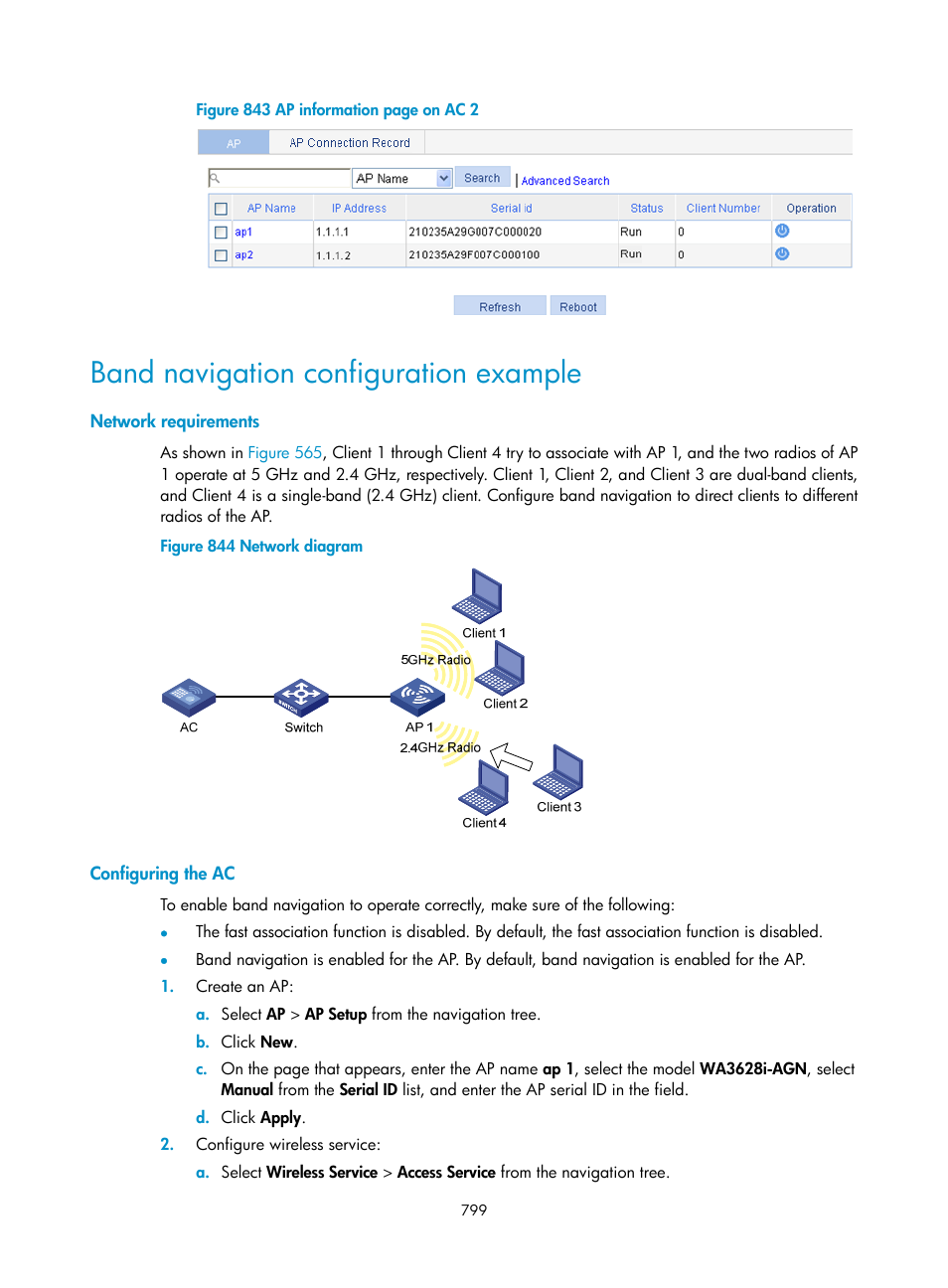 Band navigation configuration example, Network requirements, Configuring the ac | H3C Technologies H3C WX3000E Series Wireless Switches User Manual | Page 820 / 965