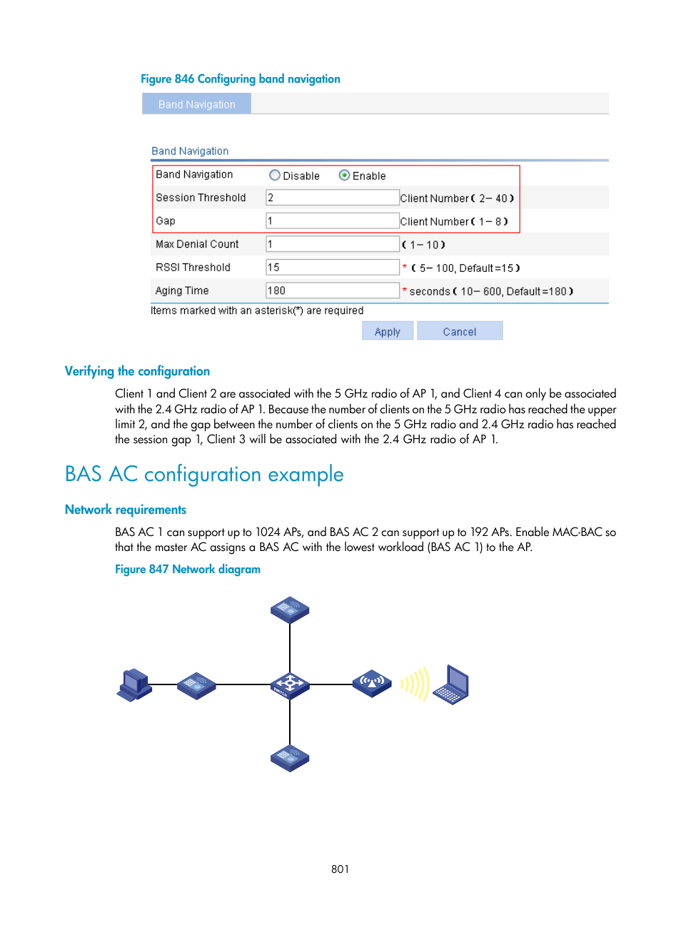 Verifying the configuration, Bas ac configuration example, Network requirements | H3C Technologies H3C WX3000E Series Wireless Switches User Manual | Page 822 / 965