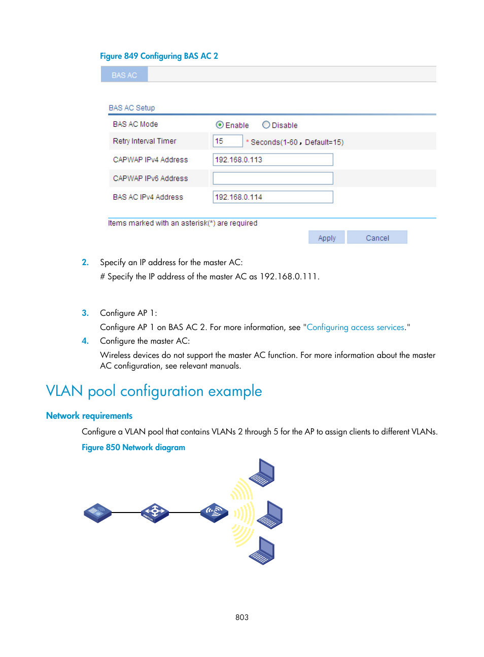 Vlan pool configuration example, Network requirements | H3C Technologies H3C WX3000E Series Wireless Switches User Manual | Page 824 / 965