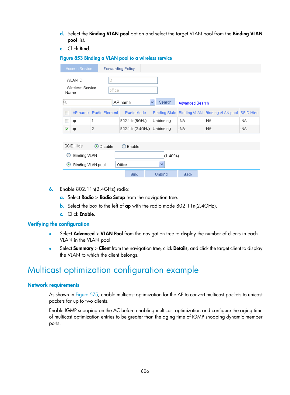 Verifying the configuration, Multicast optimization configuration example, Network requirements | H3C Technologies H3C WX3000E Series Wireless Switches User Manual | Page 827 / 965