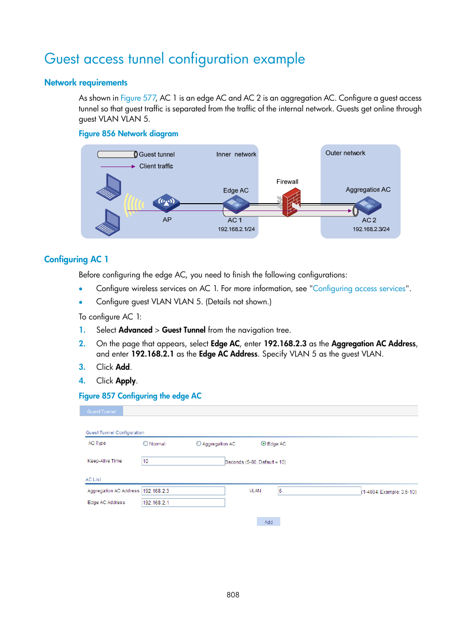 Guest access tunnel configuration example, Network requirements, Configuring ac 1 | H3C Technologies H3C WX3000E Series Wireless Switches User Manual | Page 829 / 965
