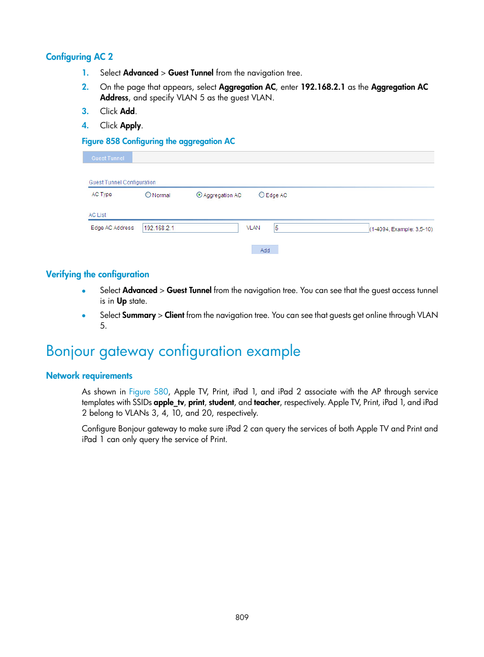 Configuring ac 2, Verifying the configuration, Bonjour gateway configuration example | Network requirements | H3C Technologies H3C WX3000E Series Wireless Switches User Manual | Page 830 / 965