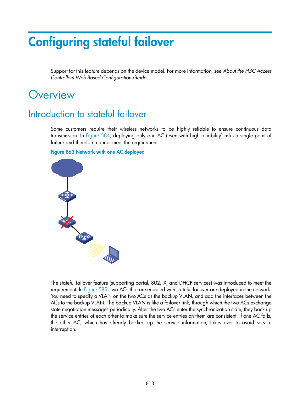 Configuring stateful failover, Overview, Introduction to stateful failover | Configuring stateful, Failover | H3C Technologies H3C WX3000E Series Wireless Switches User Manual | Page 834 / 965