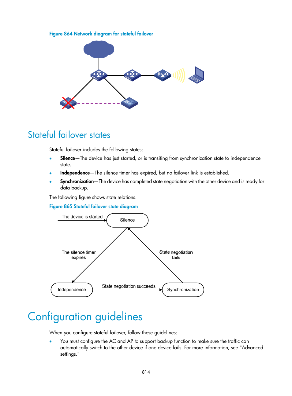 Stateful failover states, Configuration guidelines, Figure 585 | H3C Technologies H3C WX3000E Series Wireless Switches User Manual | Page 835 / 965