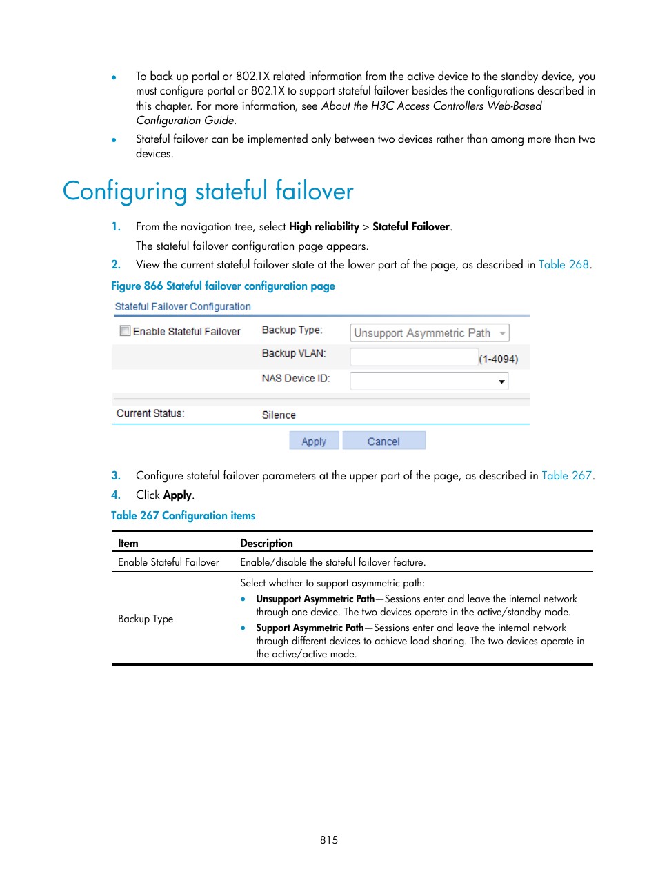 Configuring stateful failover | H3C Technologies H3C WX3000E Series Wireless Switches User Manual | Page 836 / 965