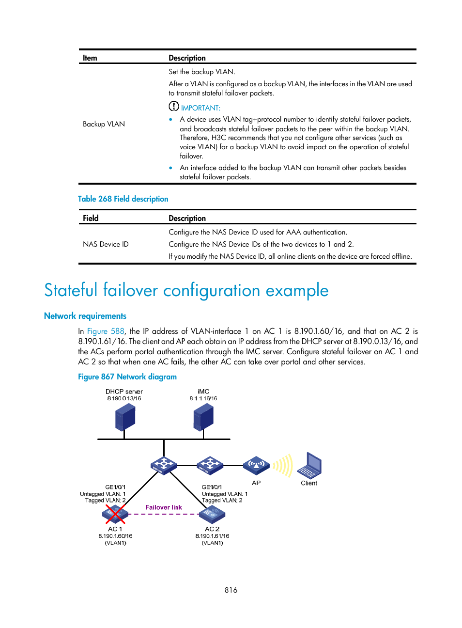 Stateful failover configuration example, Network requirements | H3C Technologies H3C WX3000E Series Wireless Switches User Manual | Page 837 / 965