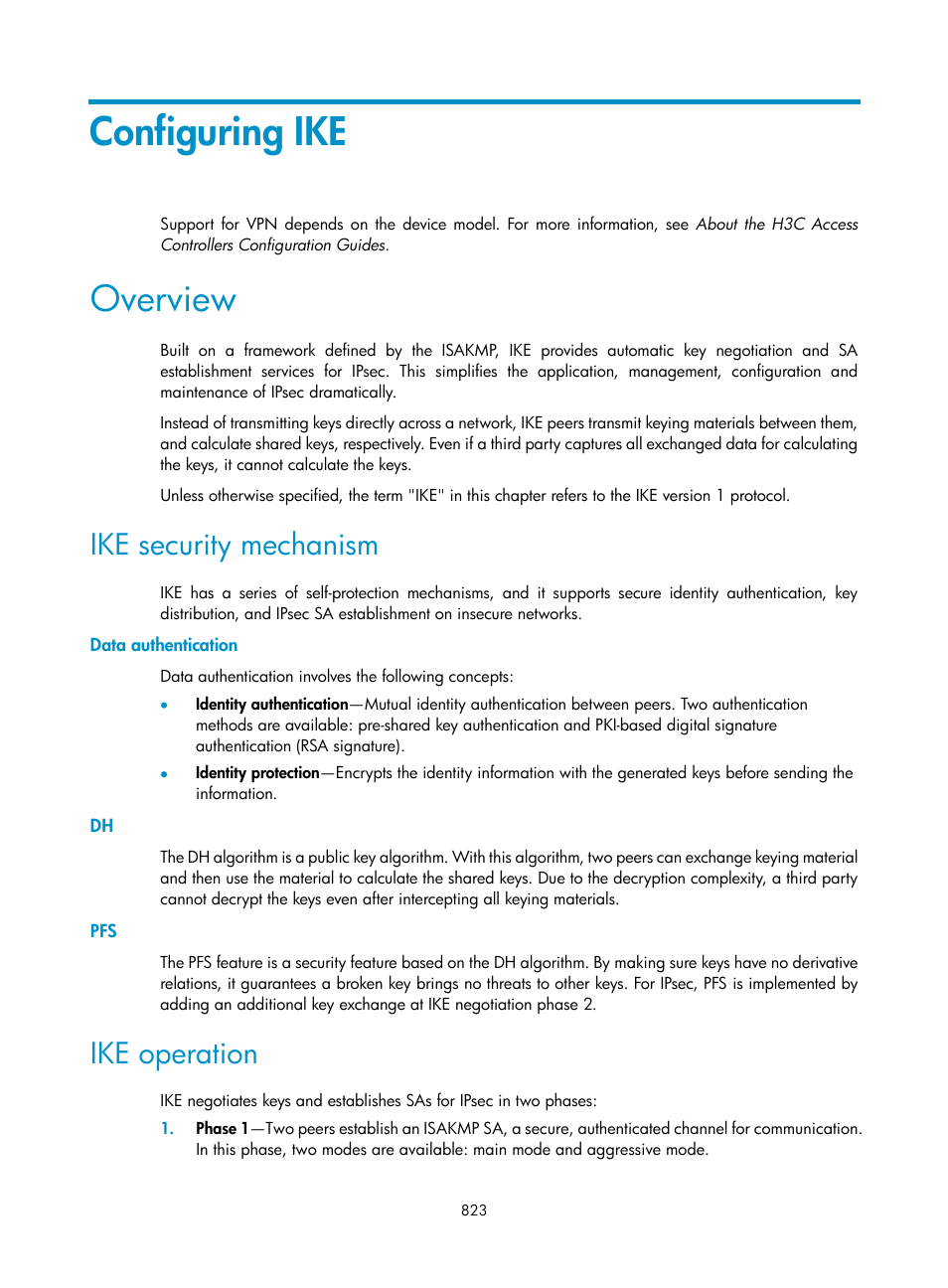 Configuring ike, Overview, Ike security mechanism | Data authentication, Ike operation | H3C Technologies H3C WX3000E Series Wireless Switches User Manual | Page 844 / 965